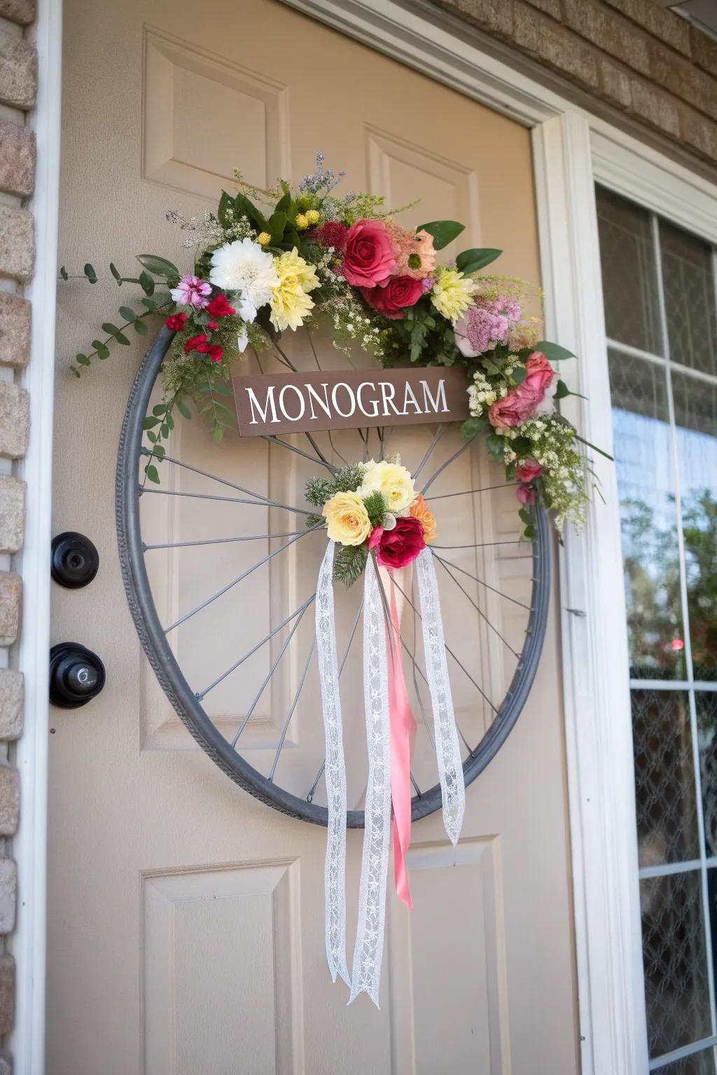 An emblemmed bicycle wreath showcasing initials for a personal touch.