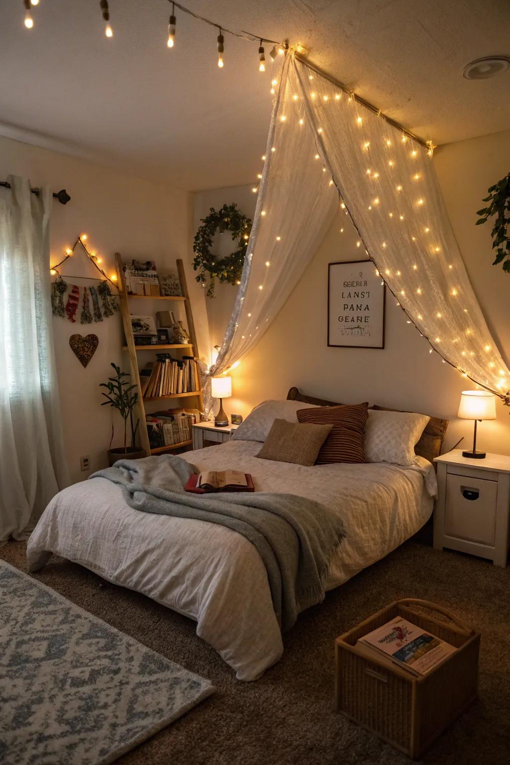 A spacious bedroom featuring layered lighting for a versatile ambiance.
