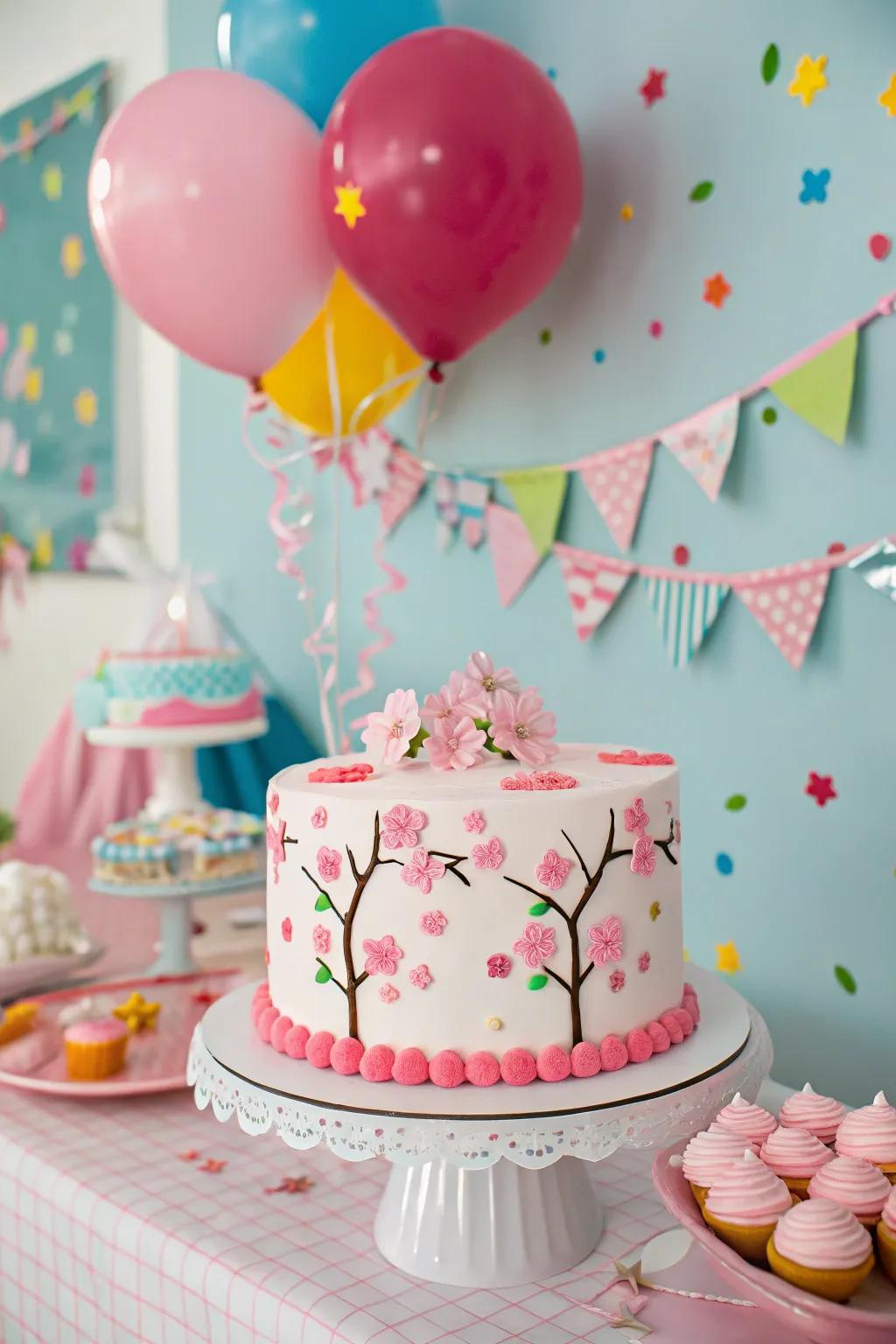 Playful schemes inject a youthful vitality into this cherry blossom cake.