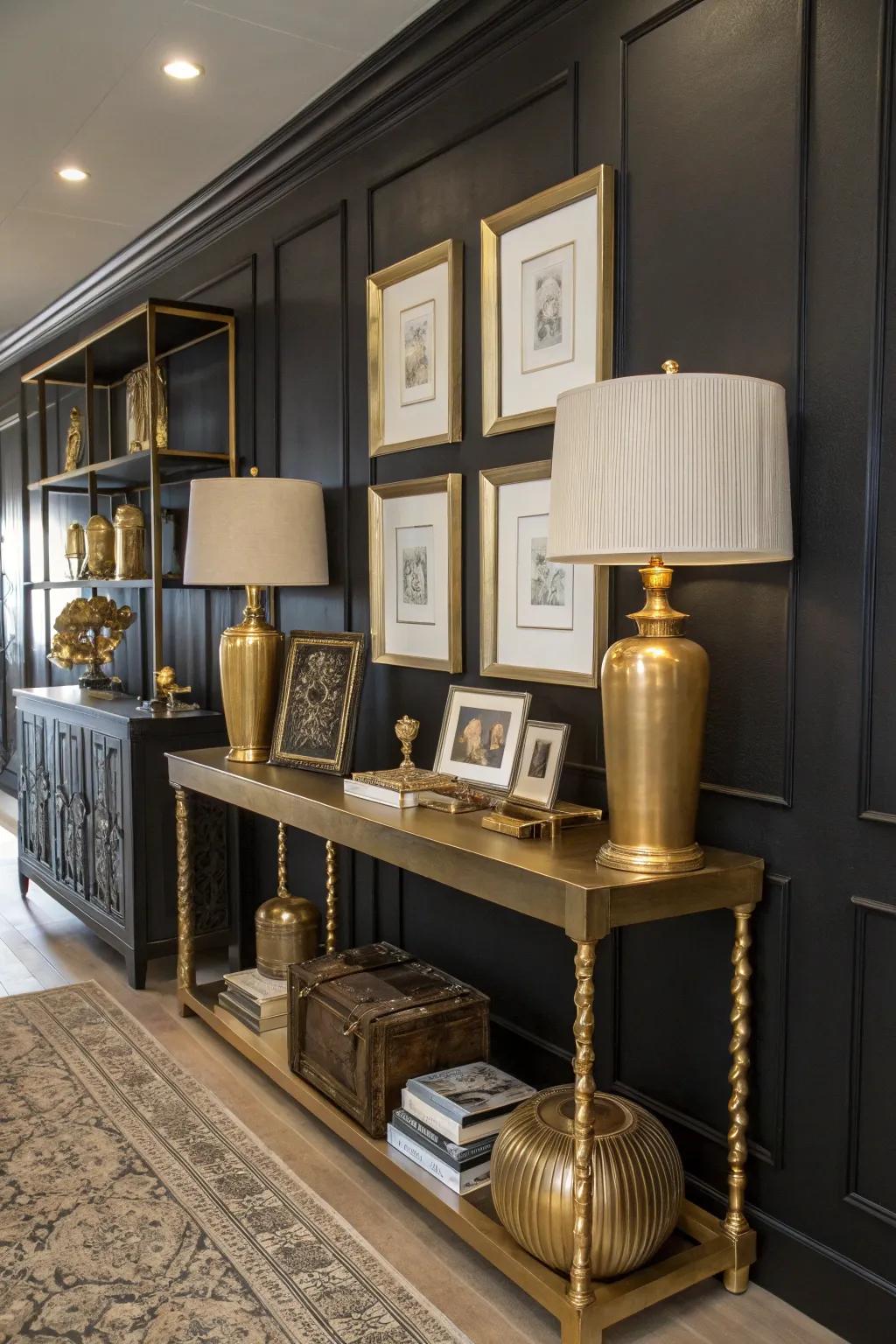 A room where a black accent wall is enhanced by brass d&eacute;cor elements for a touch of glam.