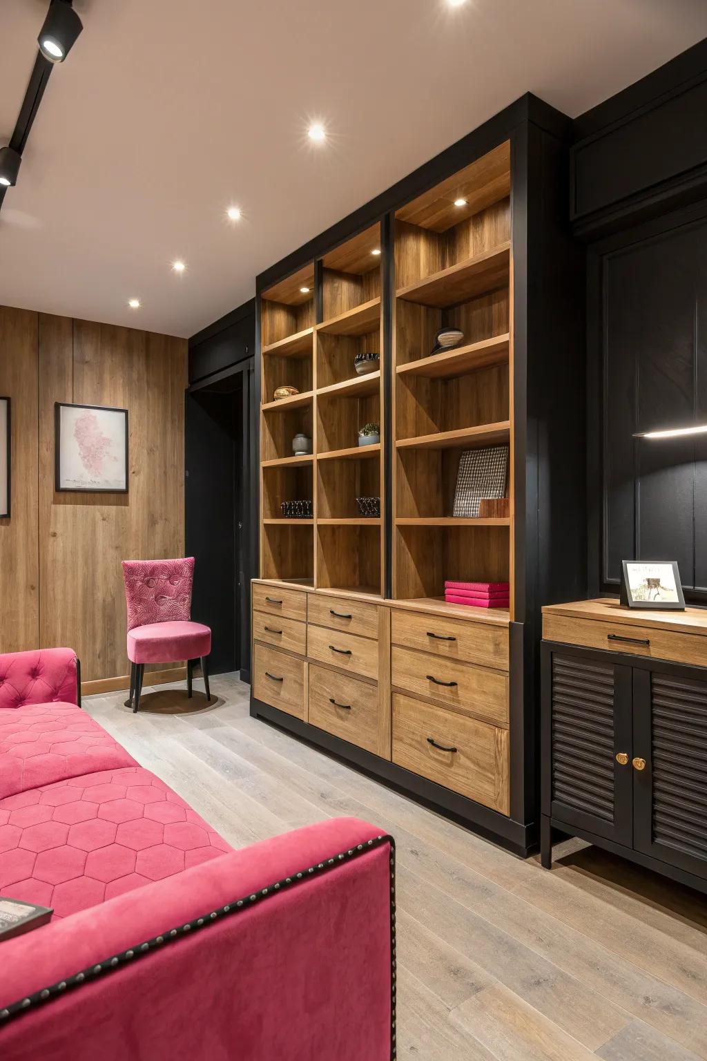 Natural elements like wood add warmth and balance to the design.