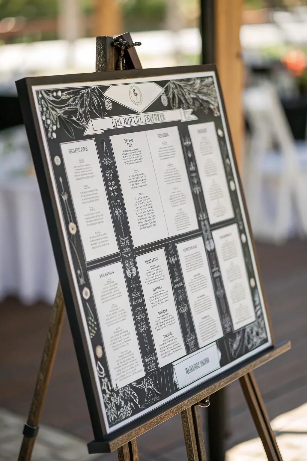 An artistic seating arrangement enhances the wedding decor while guiding guests.