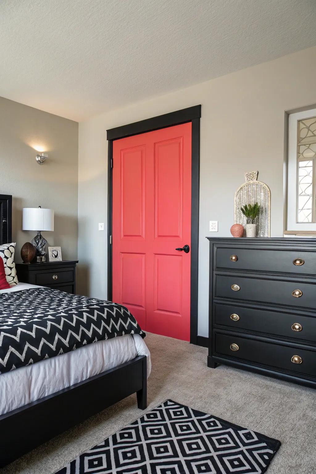 A detail door introduces a surprising burst of hue to this bedroom.