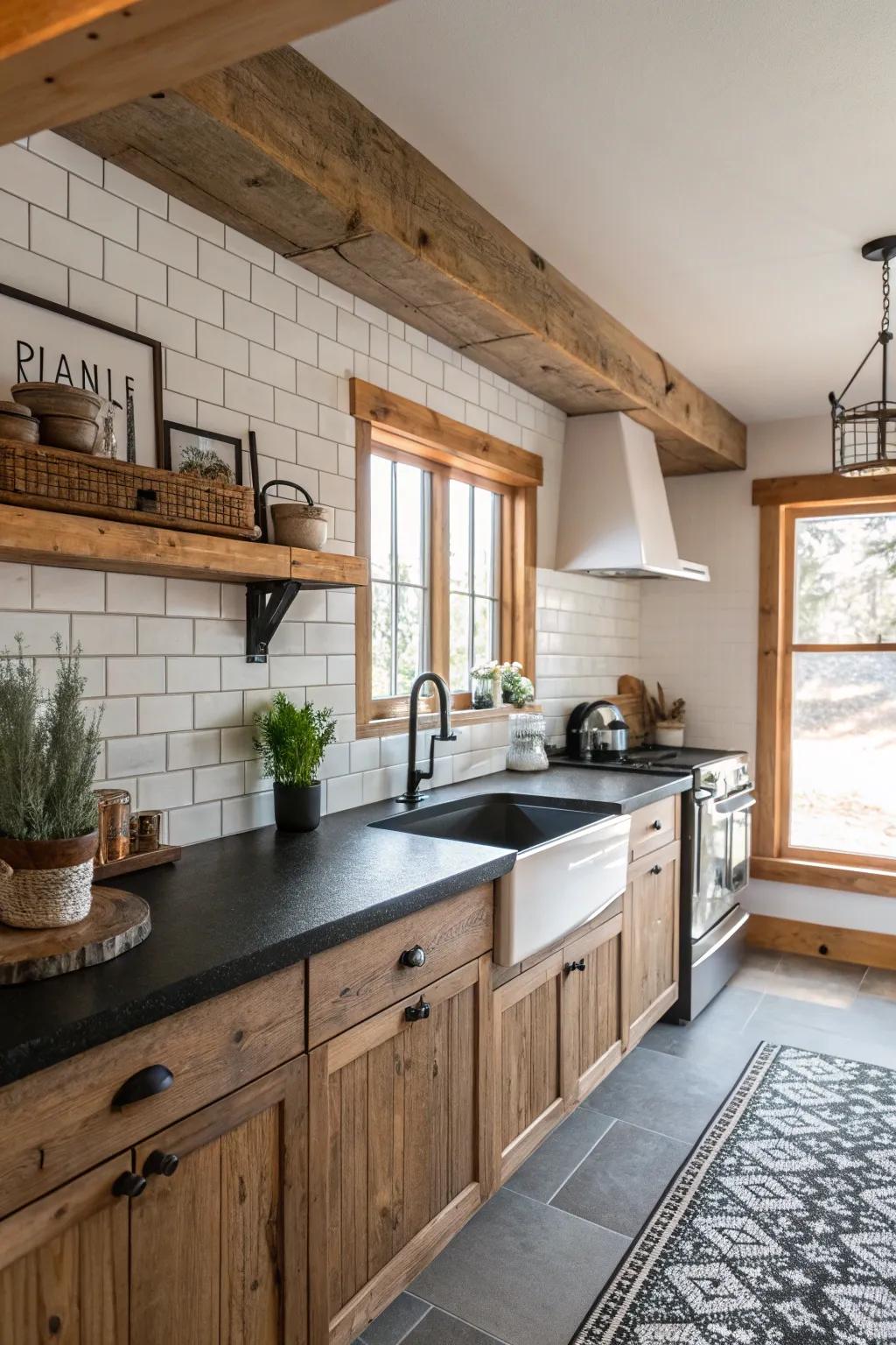 Contemporary farmhouse charm with ebony worktops.