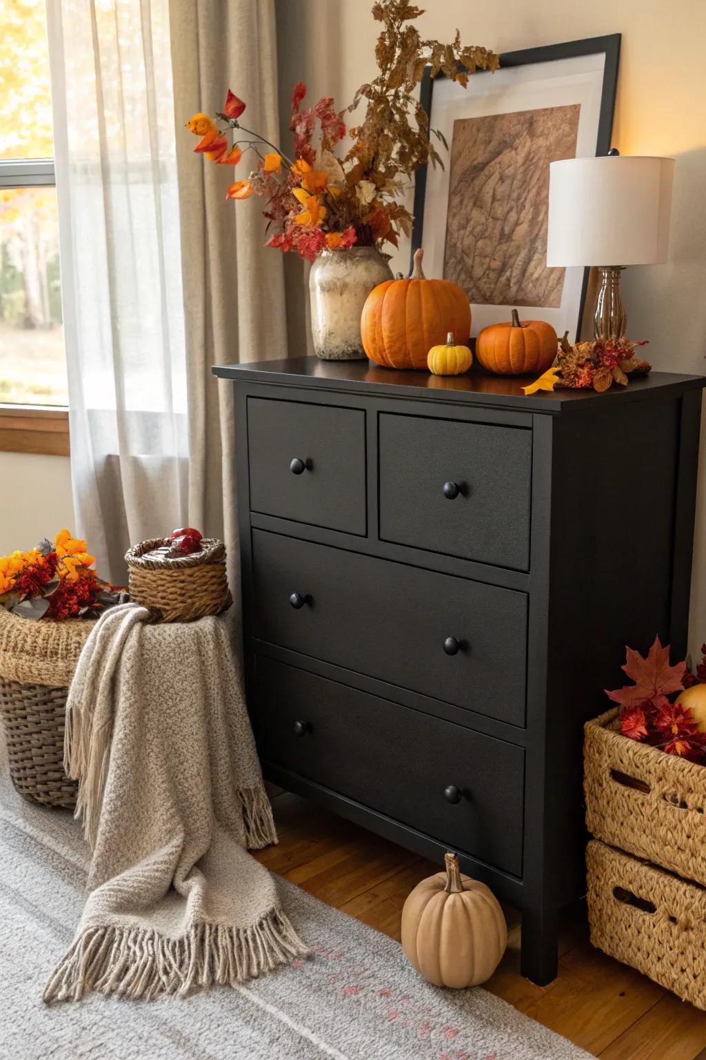 A dark wood dresser adorned with seasonal decor for a fresh look.