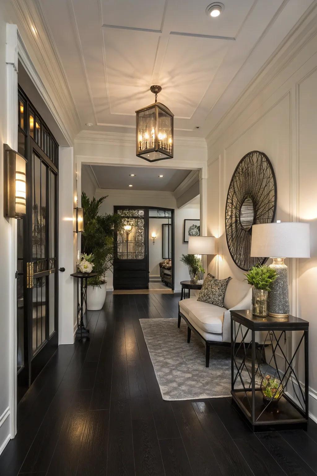 Chic entryway with remarkable dark floors.