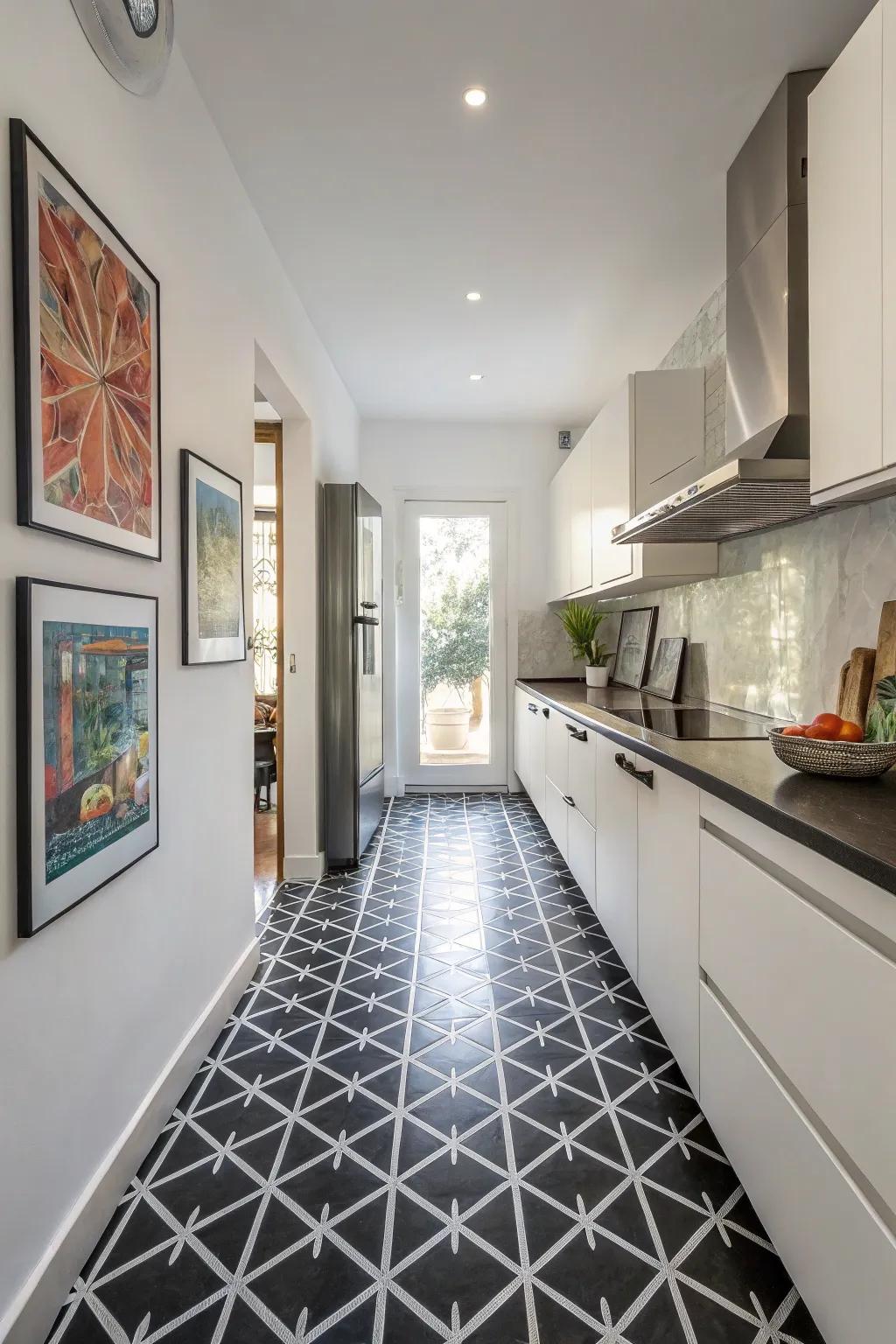 A kitchen featuring artful geometric patterns on ebony floor tiles.