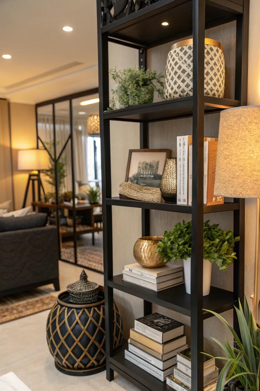 Hue-harmonized decor establishing a balanced aesthetic upon a dark-colored shelf.