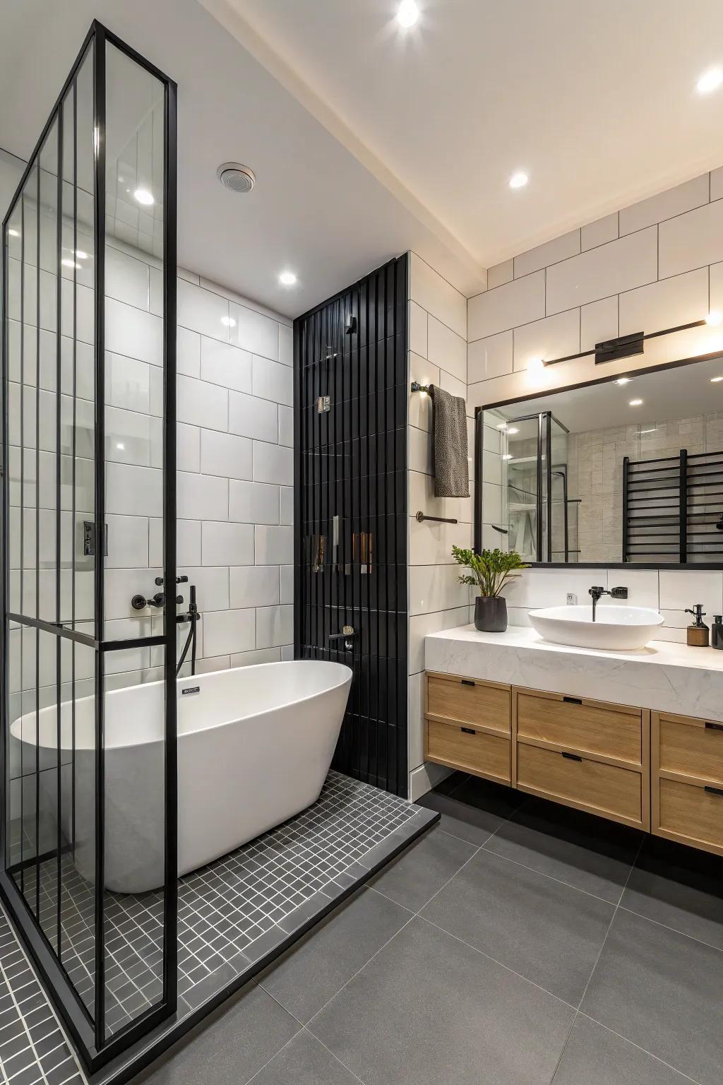 Black linear accents introduce a modern, minimalist touch.
