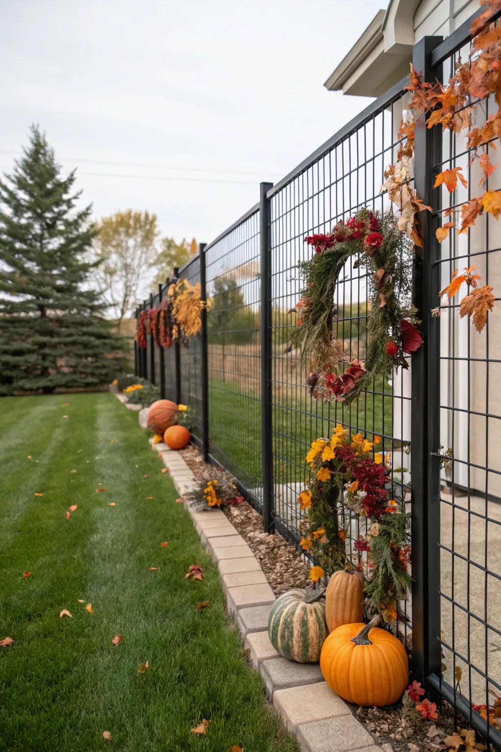 Make your dark steel-strand barrier a backdrop for seasonal decorations.