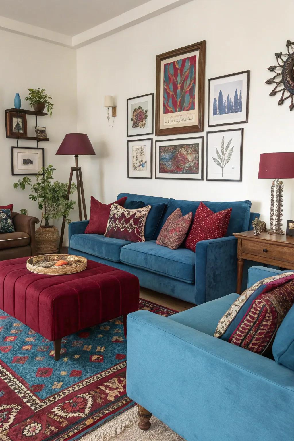 Startling bursts of azure and wine tones inject personality and vibrancy.