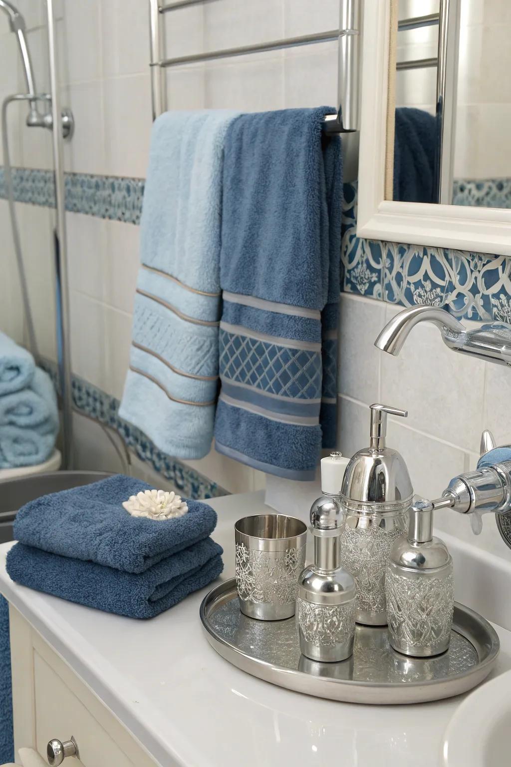 Azure and silver accents bring holiday cheer to your bathroom.