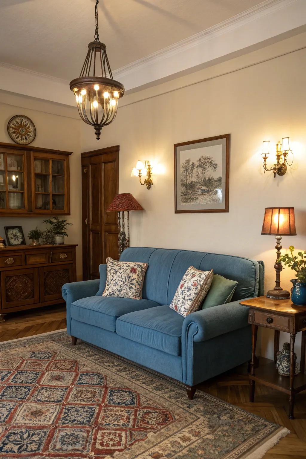 Timeless lighting adds elegance and nostalgia to a sapphire settee setting.