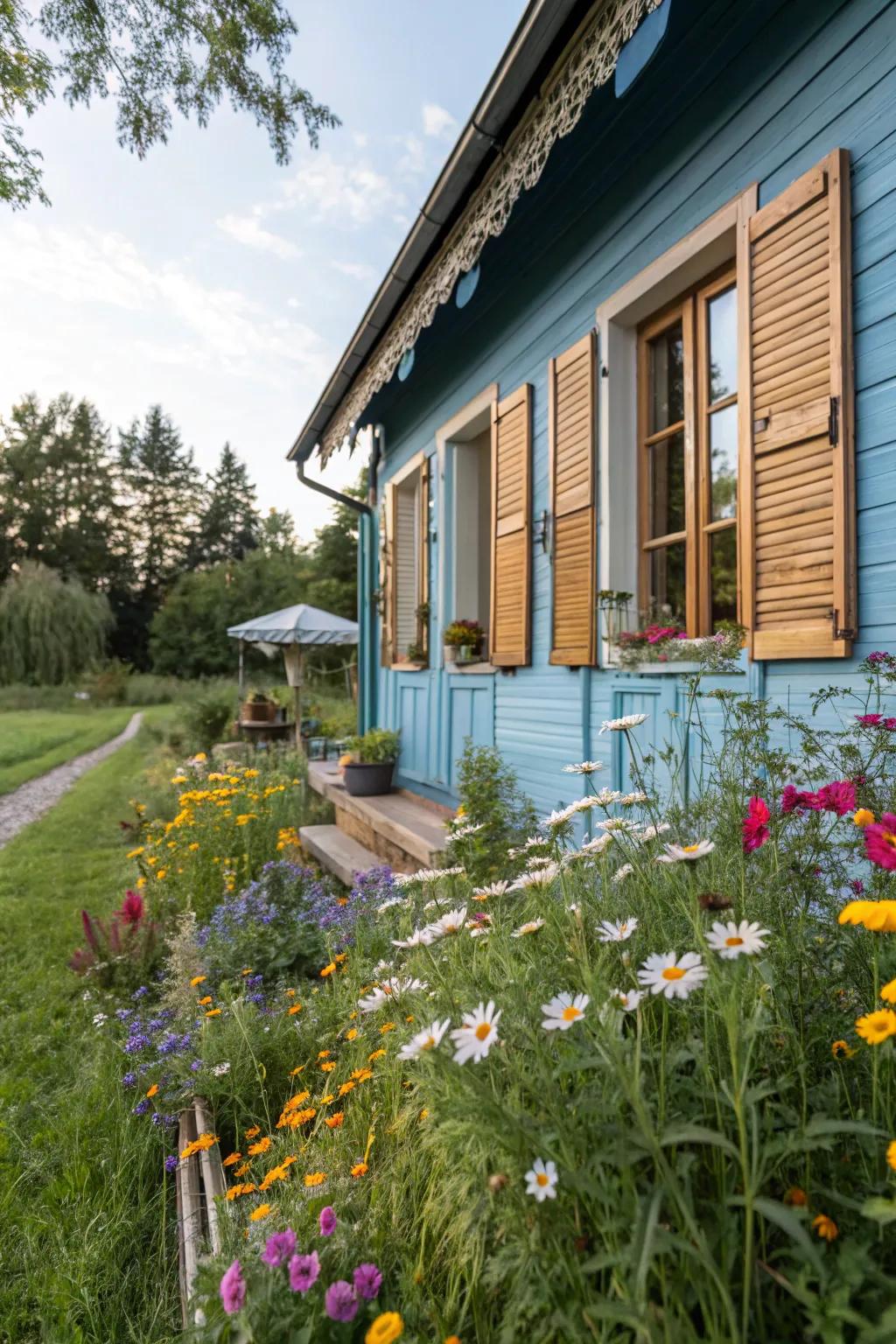 Wooden panels enhance the rustic charm of blue homes.