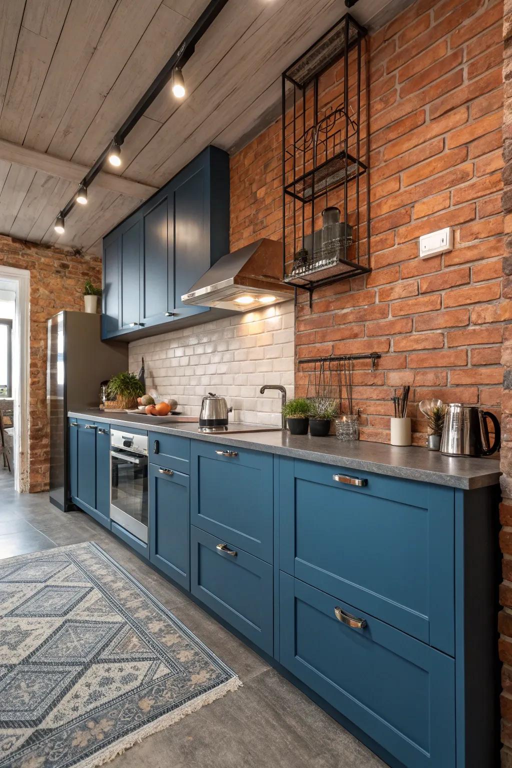 Azure cupboards with industrial components conjure a distinctive cooking area vibe.