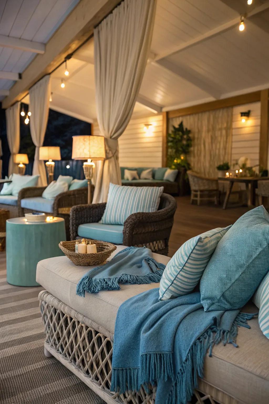 A refined azure-themed relaxation zone providing comfort and style.