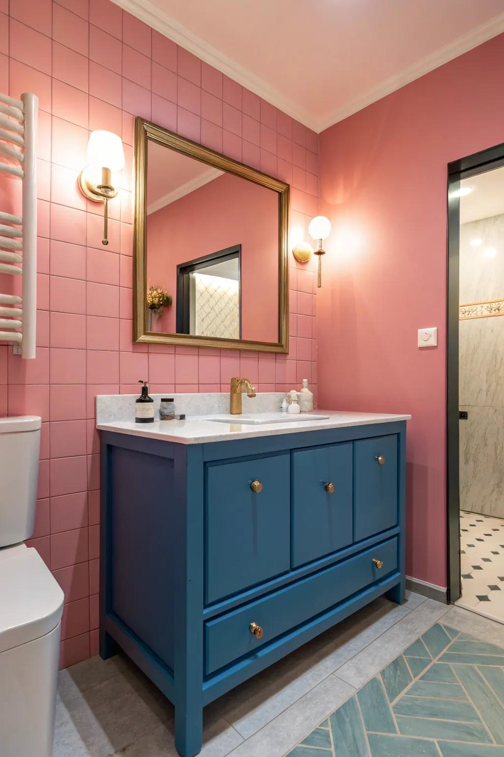 Unexpected color pairings inject a rejuvenated and spirited twist into a blue vanity.