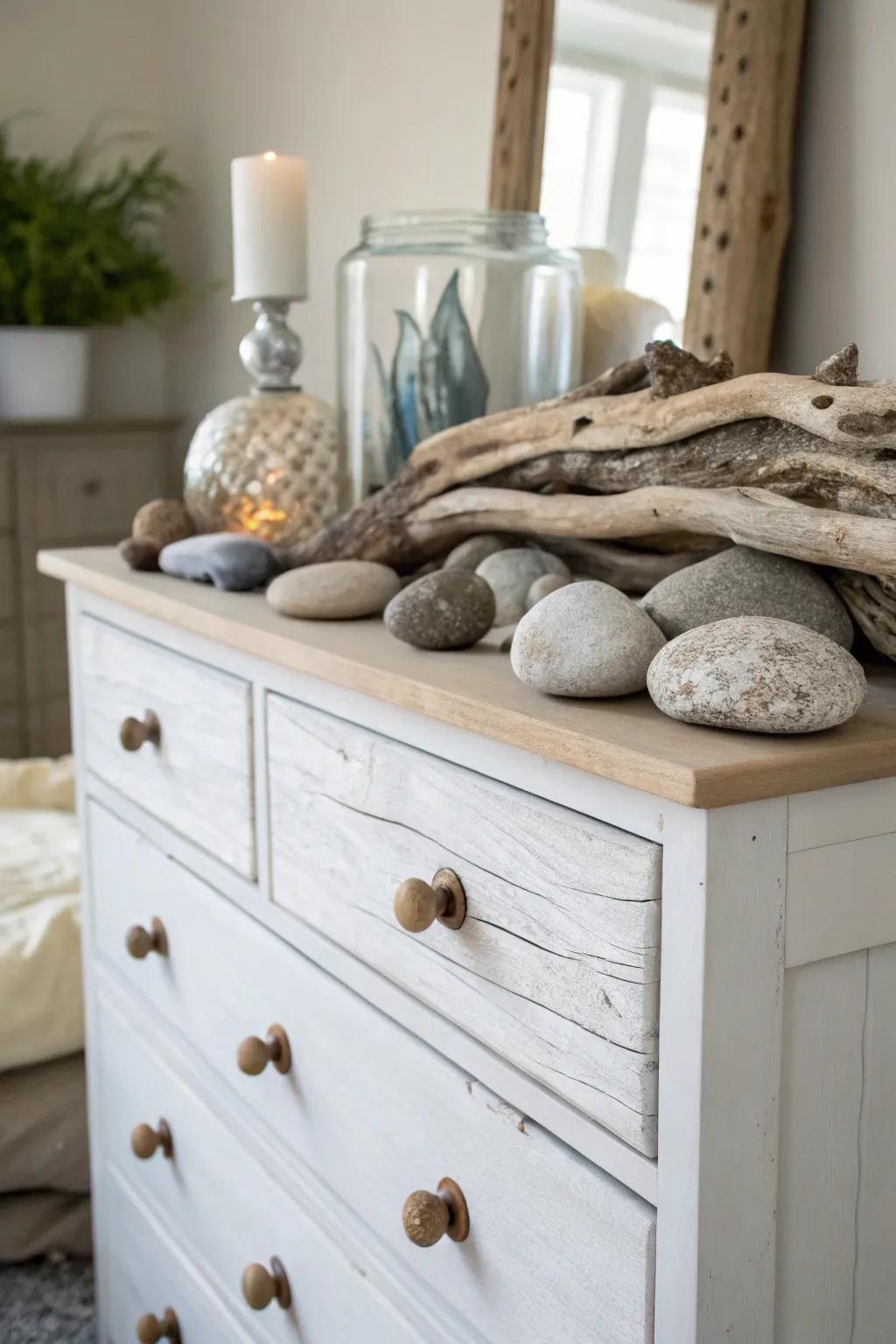 Natural components such as driftwood impart an earthy touch to this boho dresser.