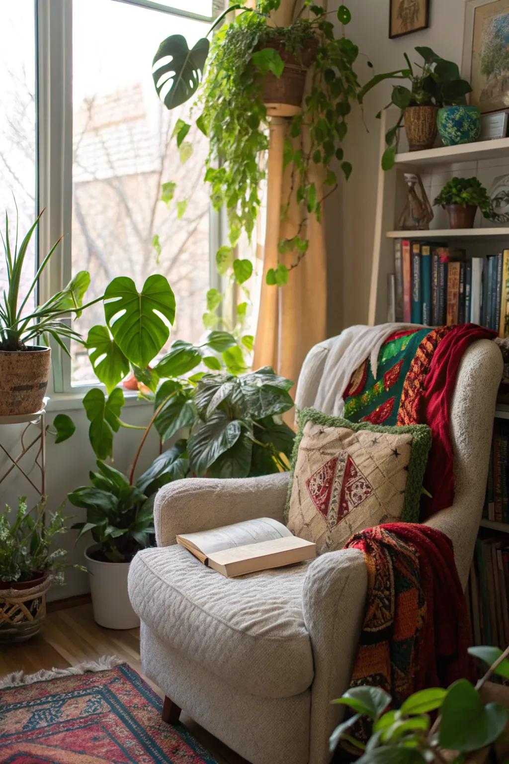 A reading space offers a peaceful retreat in the plant room.