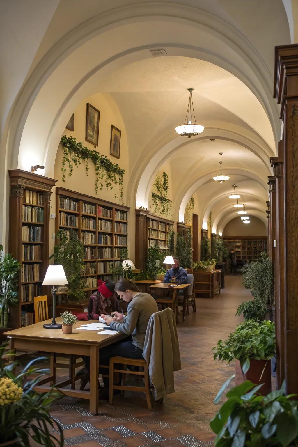 Architectural archways define the entrance to the book room.