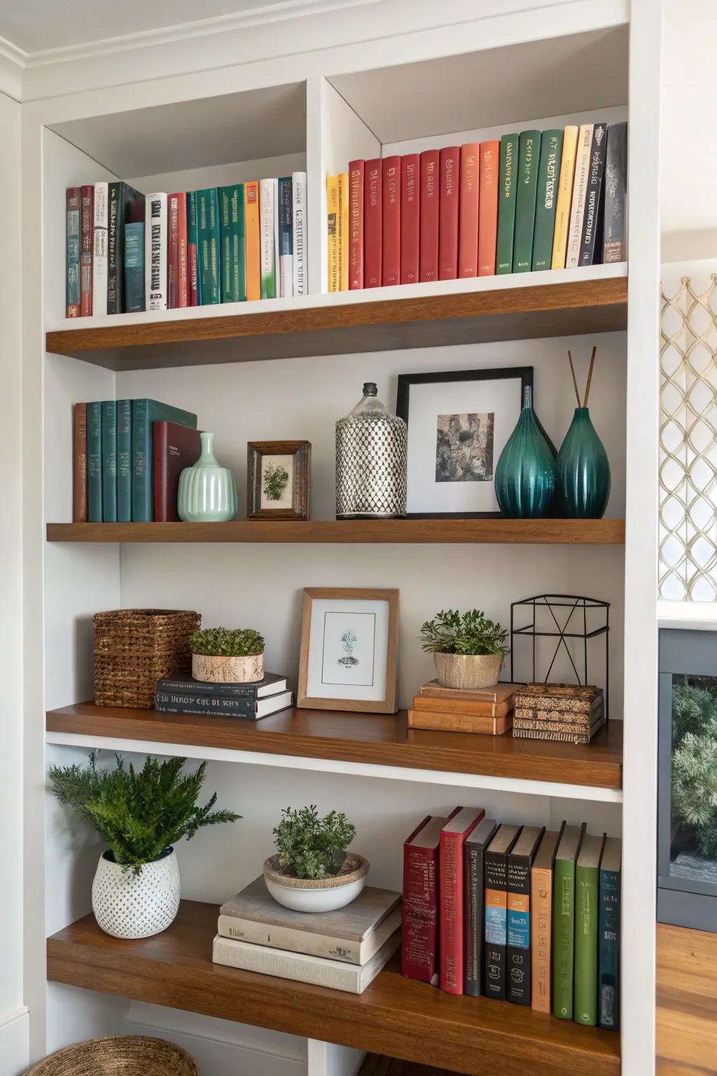 Shelving at various heights creates an intriguing and animated shelf showcase.