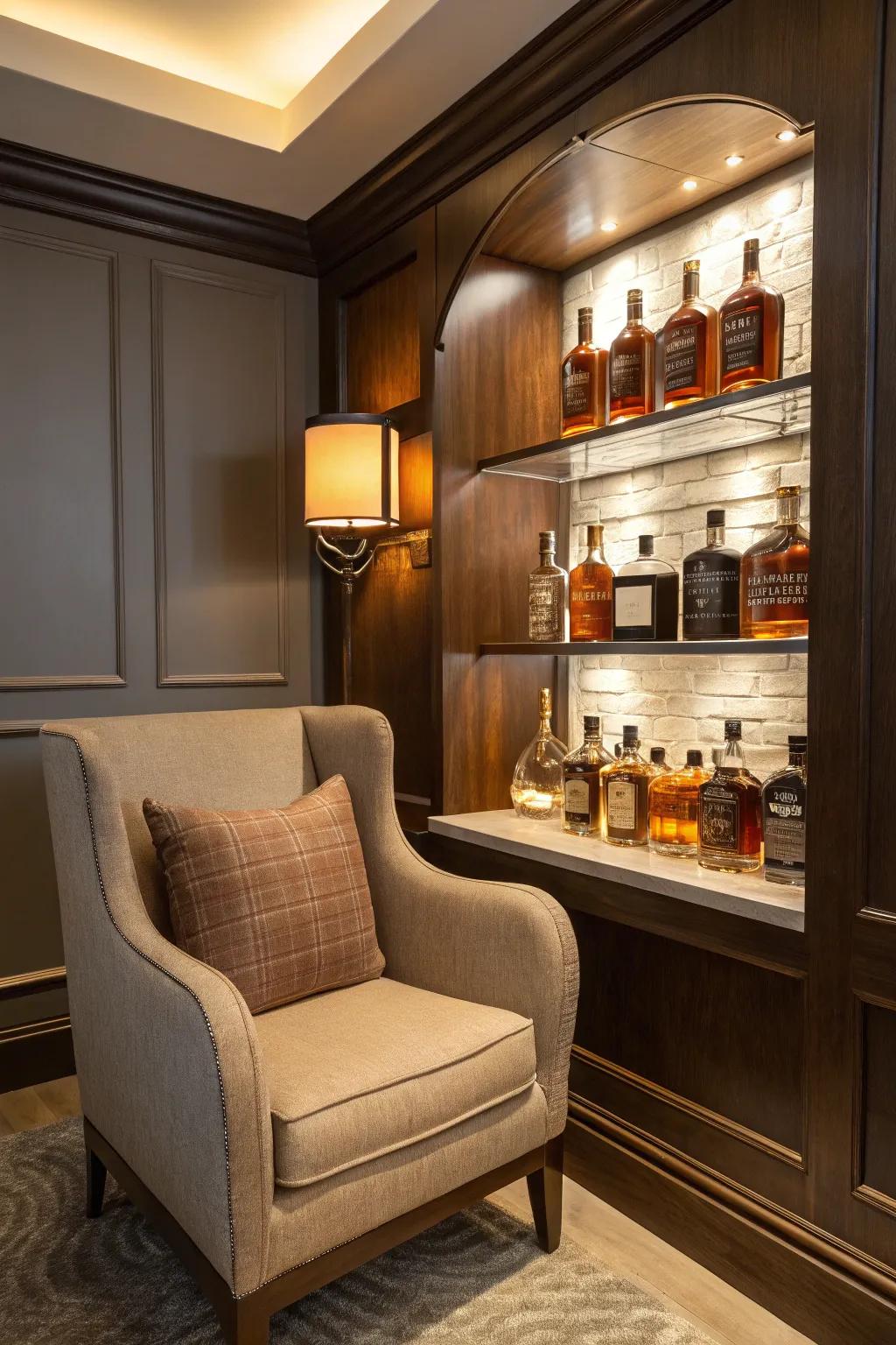 A corner recess transforms into an intimate bourbon spot.