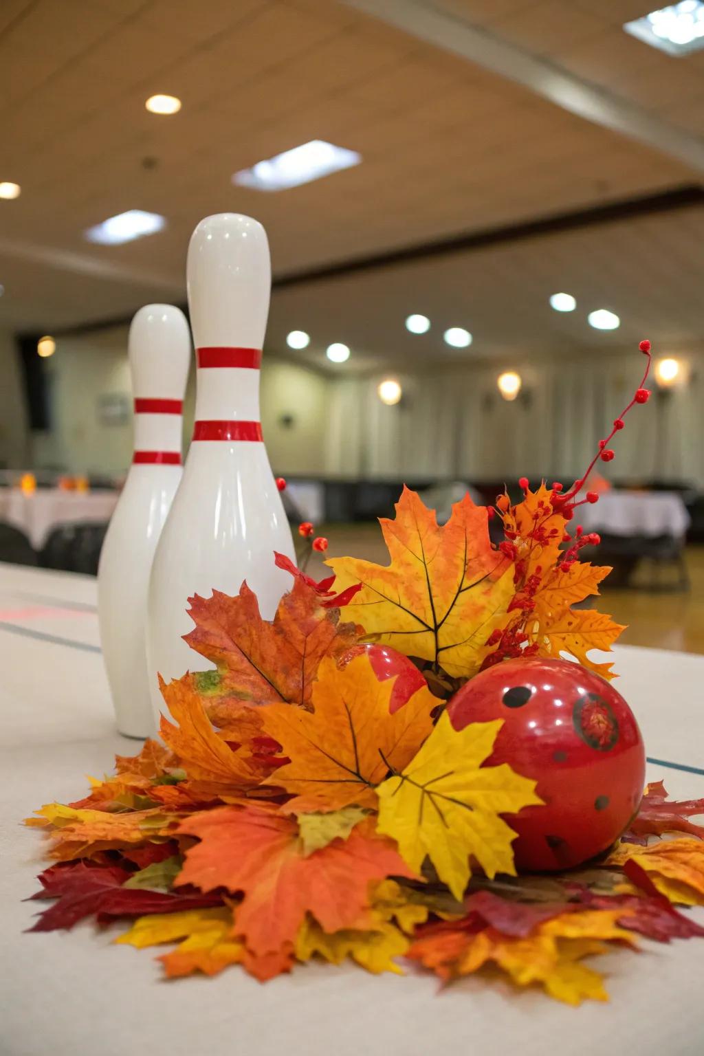 A seasonal variation with autumnal foliage for a contemporary bowling centerpiece.