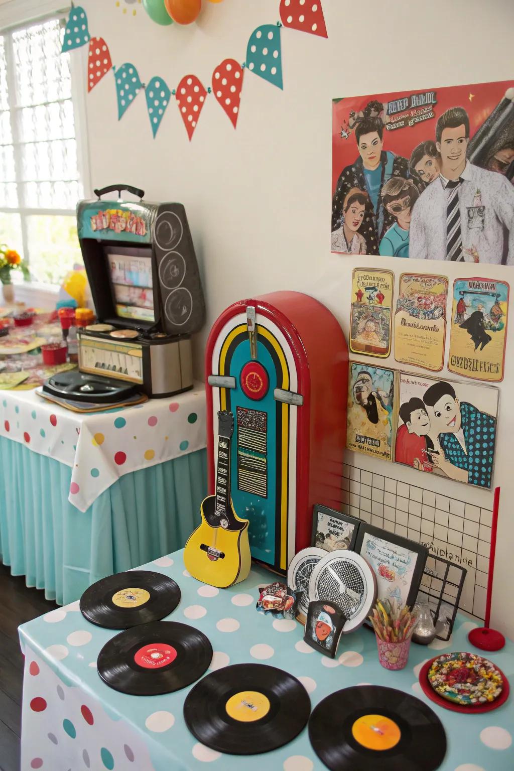 Rock 'n' roll-themed baby shower featuring retro and musical elements