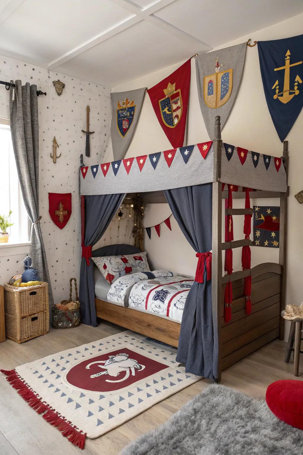 Protect the kingdom from inside this knight-themed canopy bed.