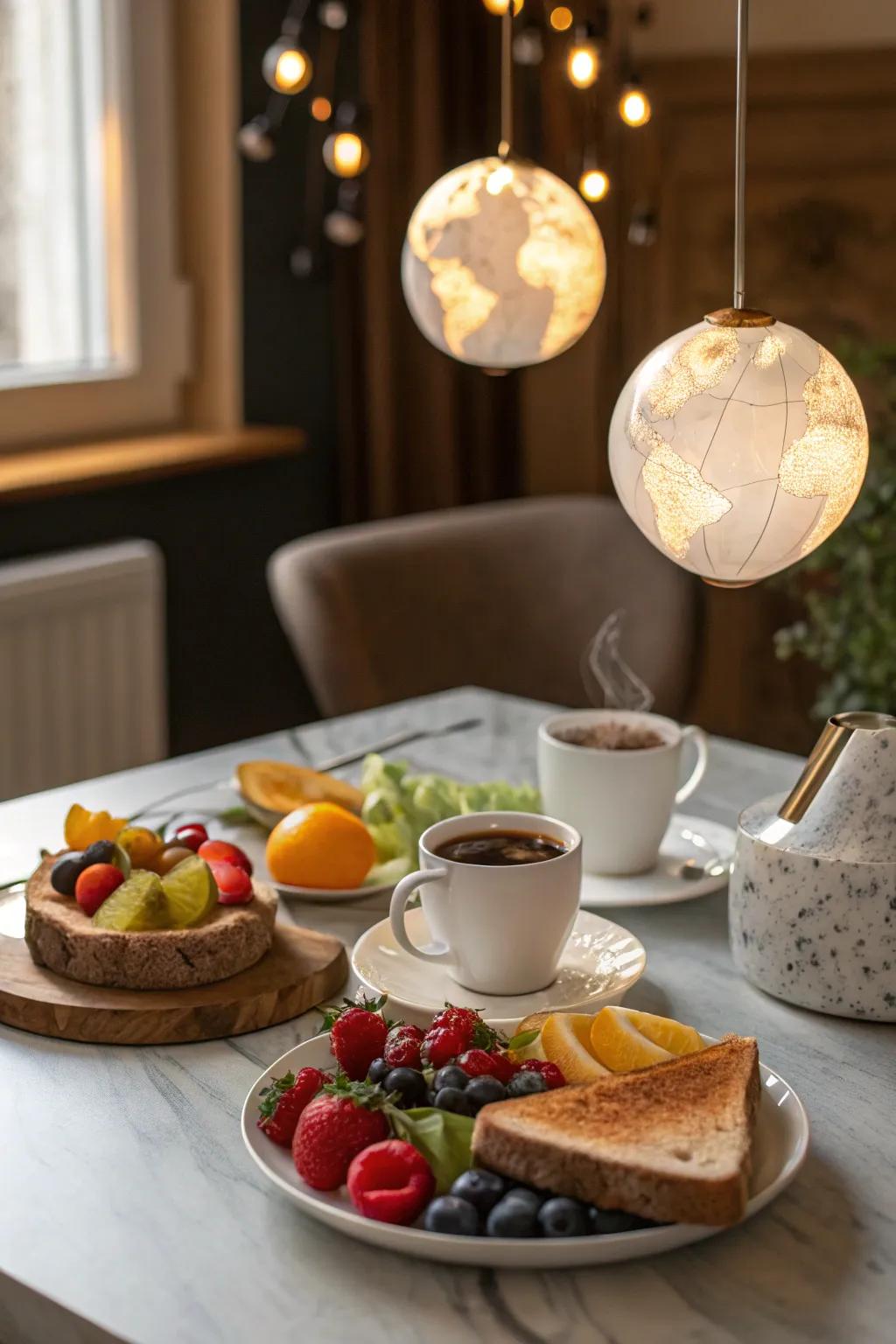Soaring orb lights cultivating a whimsical ambiance above a breakfast table.