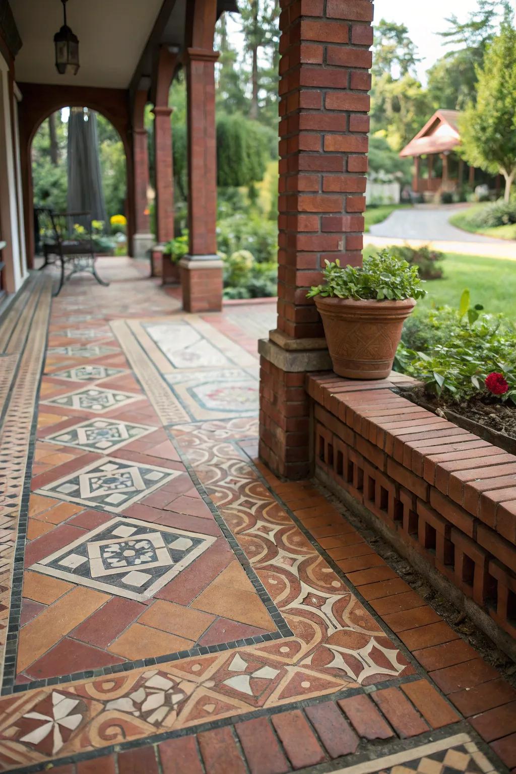Inlaid ceramics introduce distinctive and artistic accents to blockwork terrace designs.