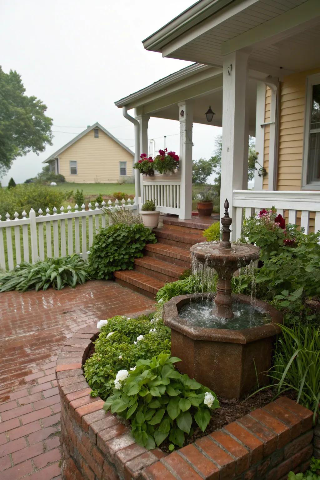 A water feature enhances the serene ambiance of this lovely porch.