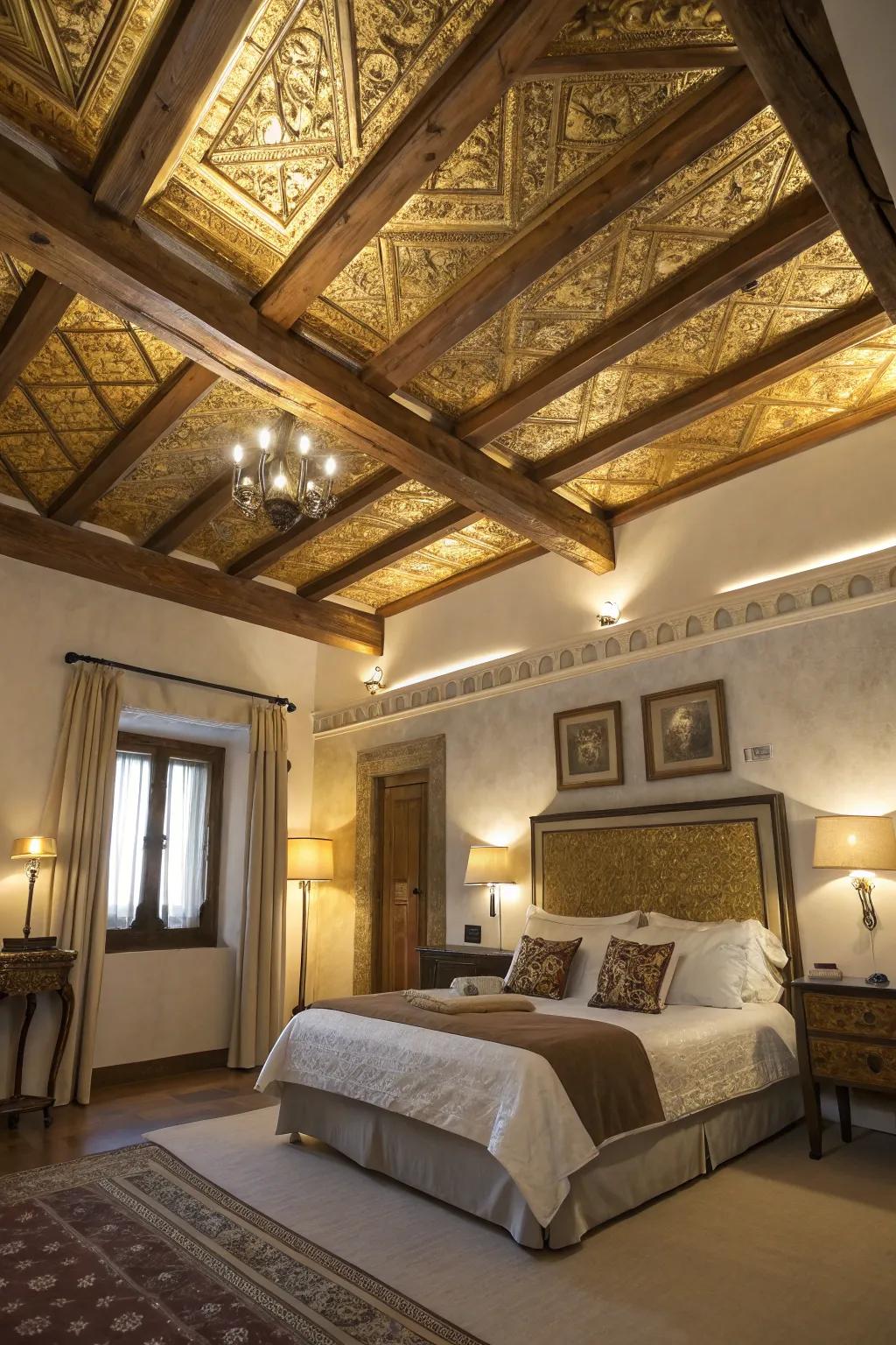 A decorated ceiling lends a luxurious touch.
