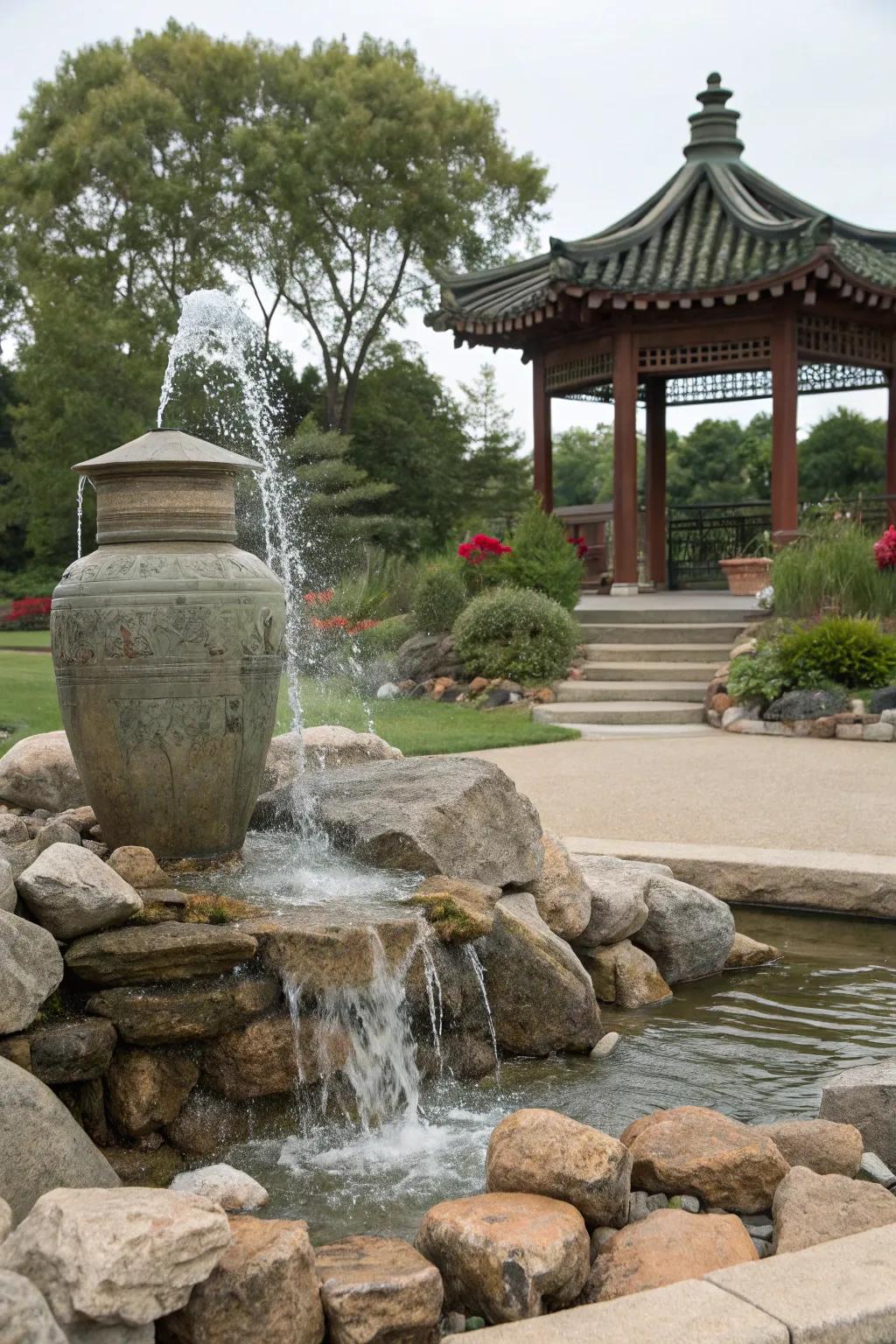 Cultural details add depth and intrigue to this garden fountain.