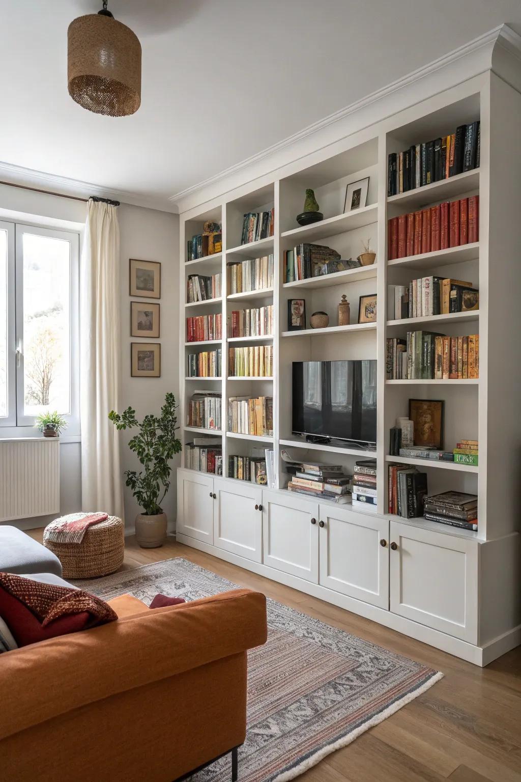 Vertical storage helps keep your living area organized without sacrificing floor space.