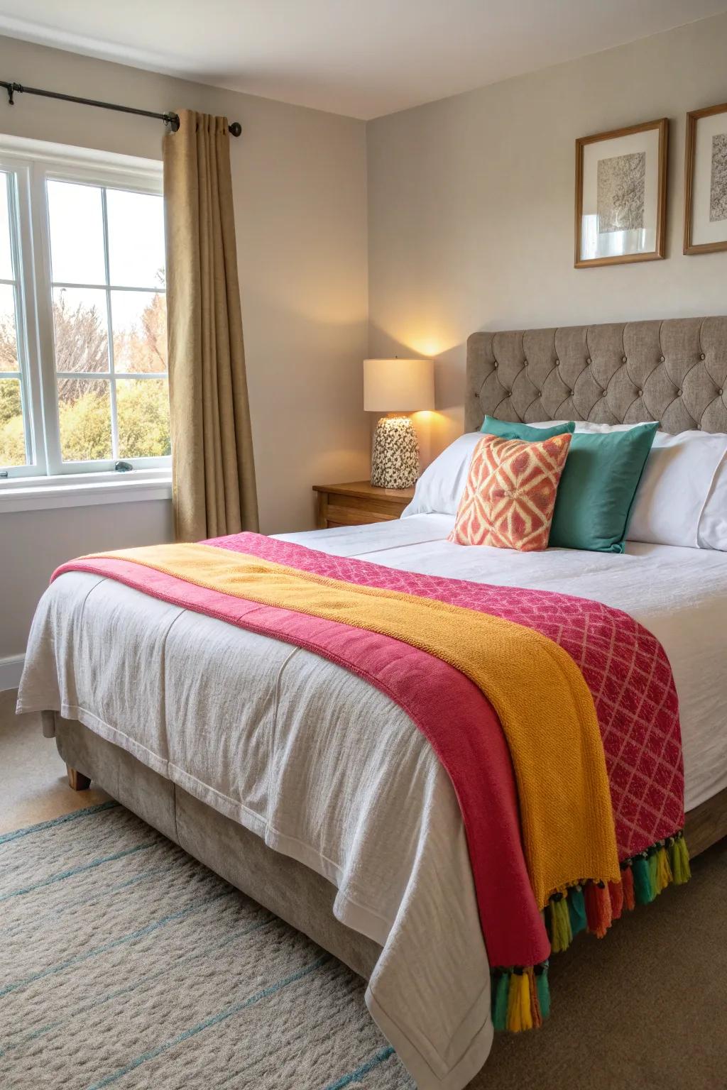 Textiles with vibrant colors revitalize a neutral bedroom.