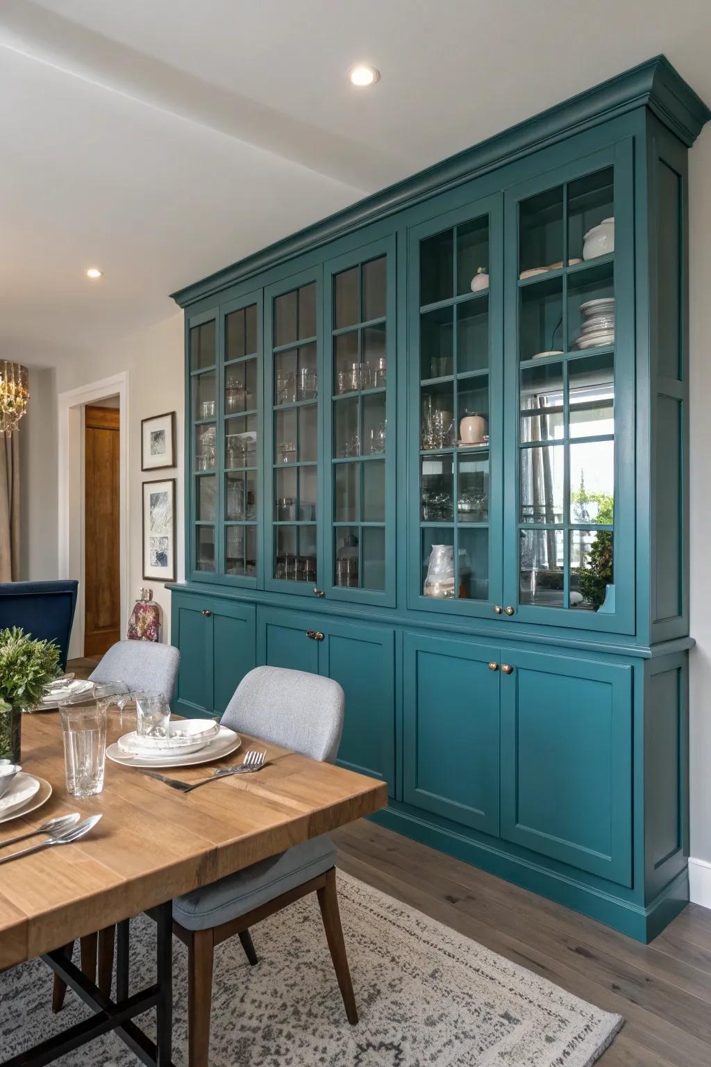 Dining room cabinets featuring bold colors, making a striking statement.