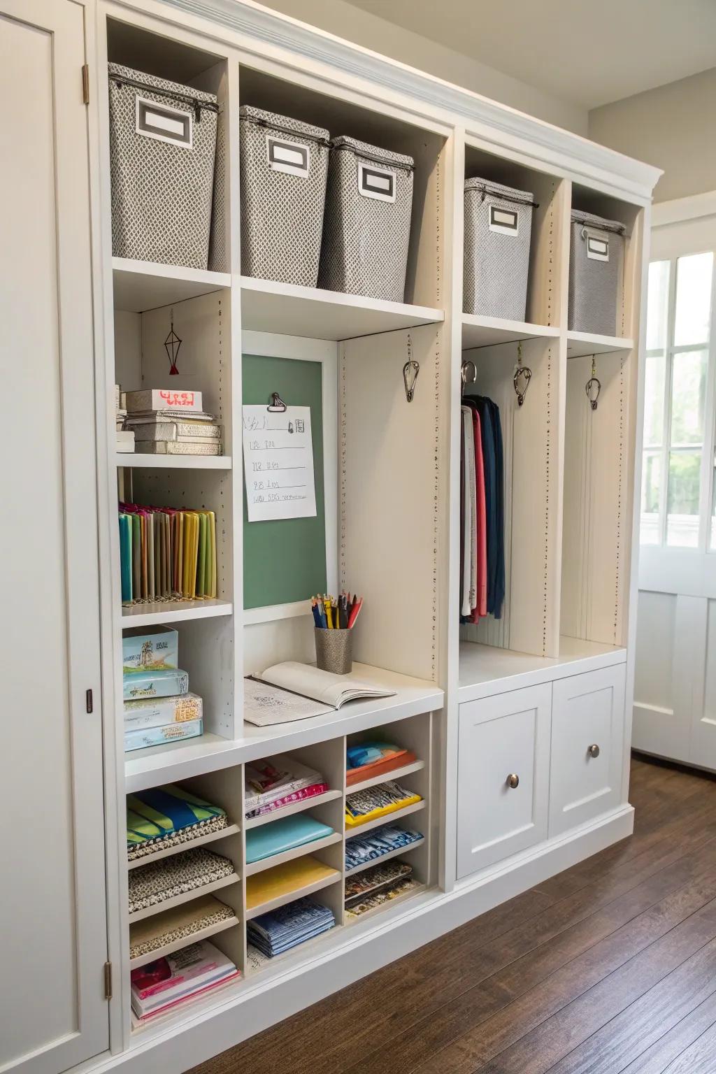 Office materials neatly arranged within integrated lockers.