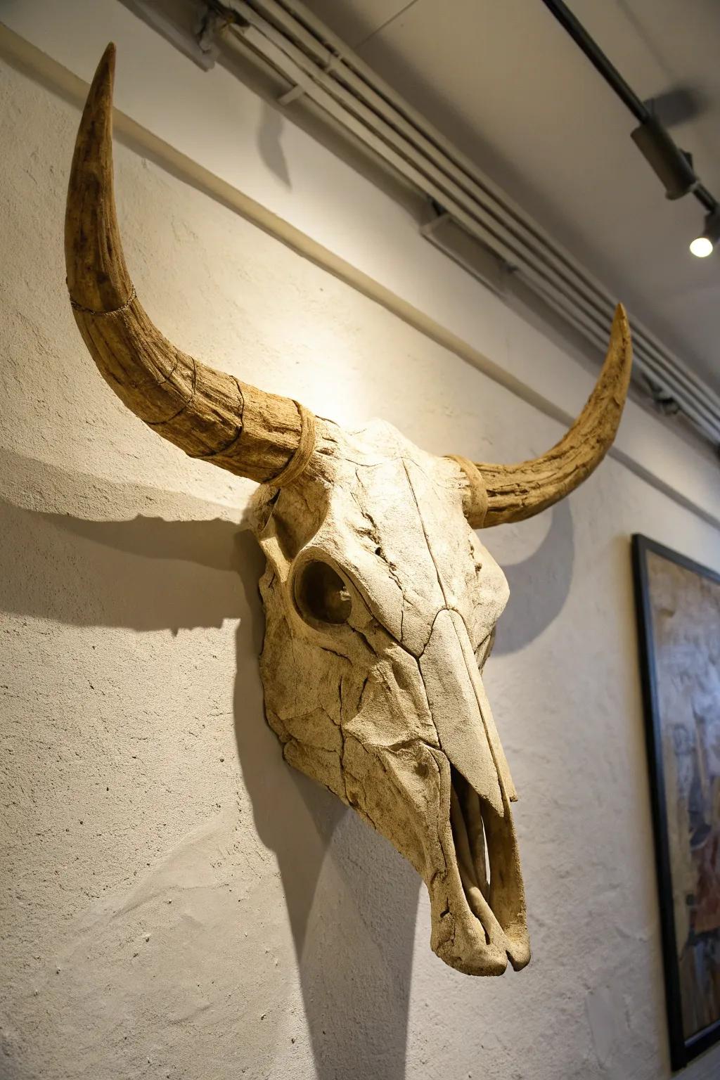 DIY art project with a handmade cow skull.