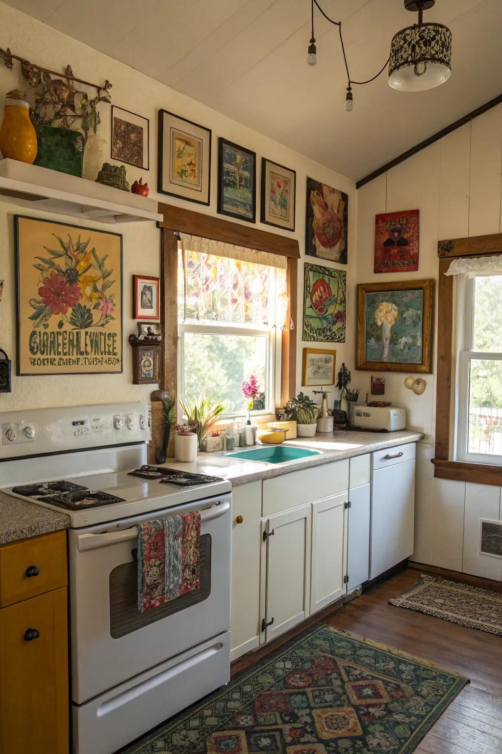 A cottage kitchen brought to life with the addition of eclectic art.