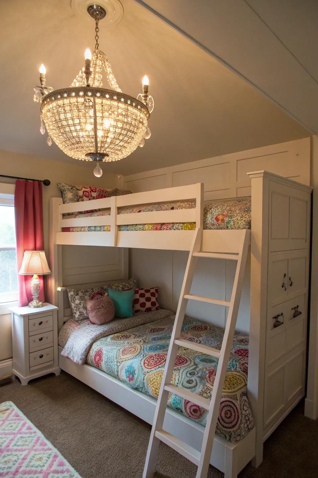 A chandelier introduces unexpected luxury.