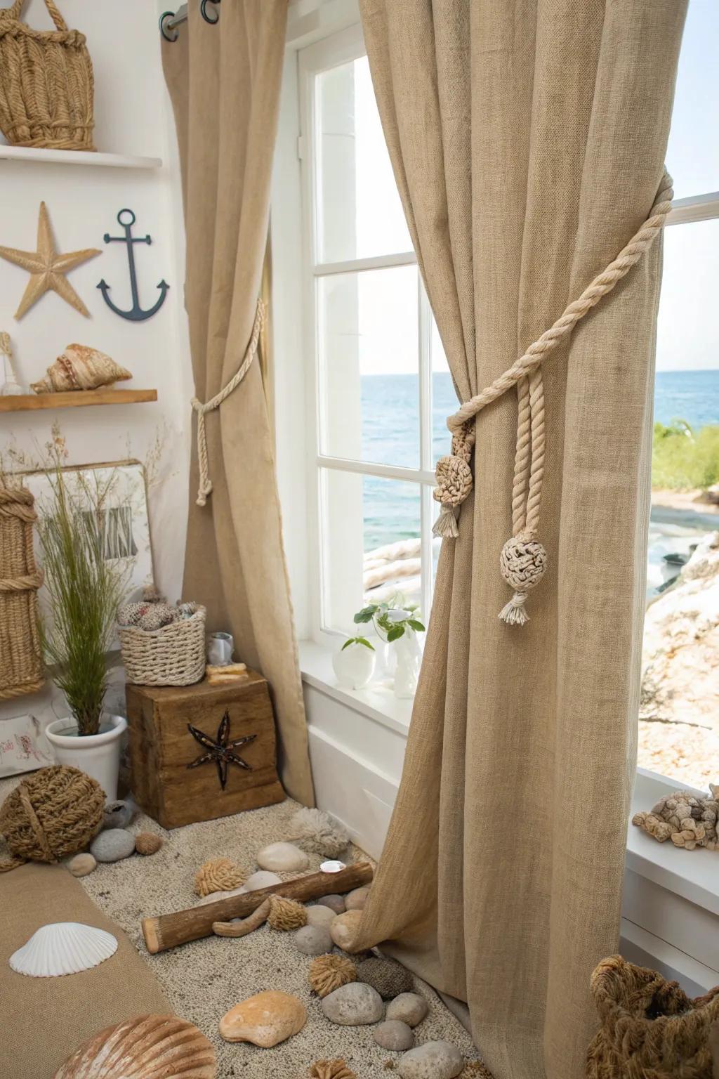 Coastal vibes featuring nautical details on hessian drapes.