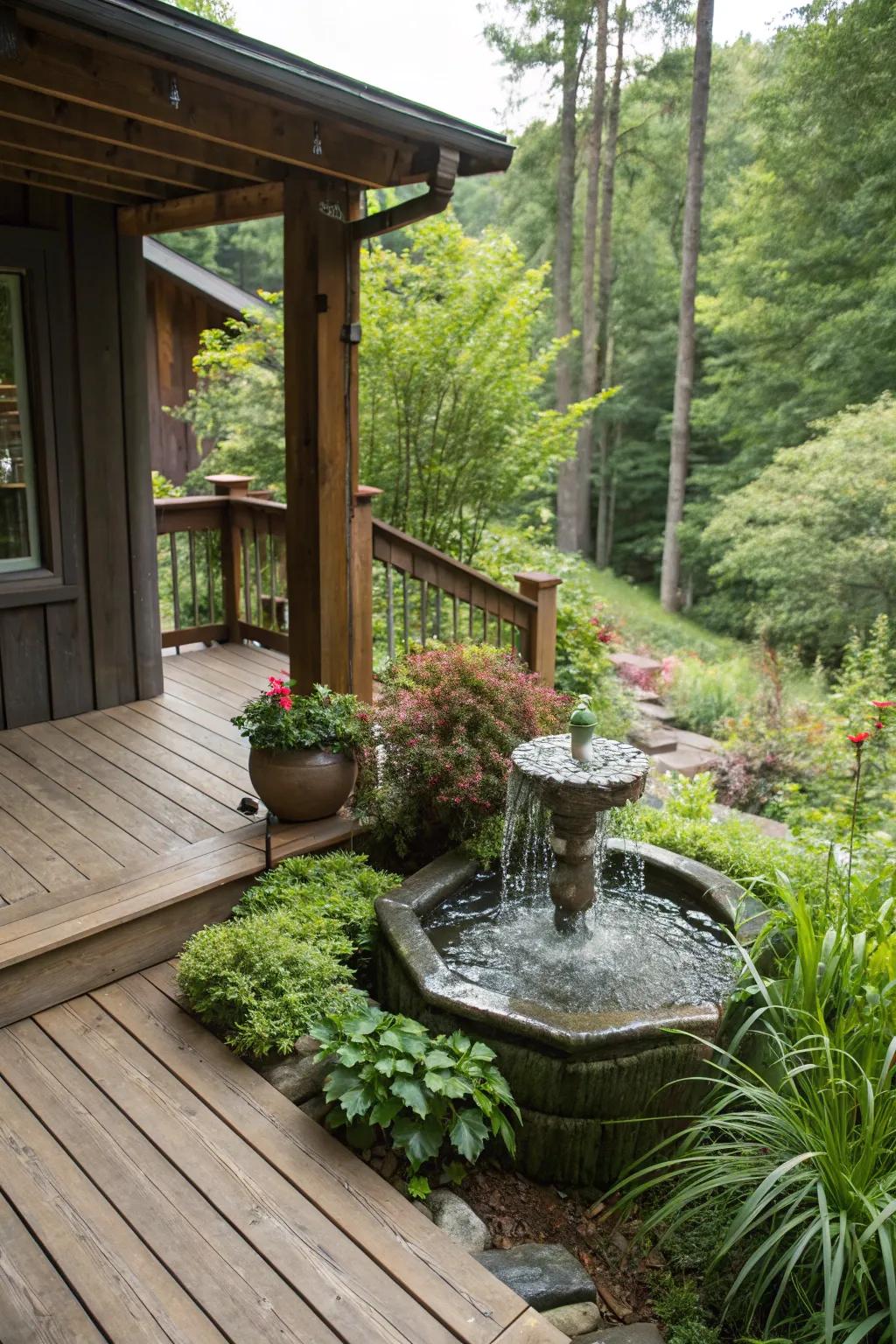 A <strong><em>water feature</em></strong> bestowing tranquility to the <strong><em>deck</em></strong>.” loading=”lazy” class=”pimg”>
	</picture><figcaption>A <strong><em>water feature</em></strong> bestowing tranquility to the <strong><em>deck</em></strong>.</figcaption></figure>
<p>Incorporate a petite <strong><em>water feature</em></strong> for a soothing background soundtrack. The subdued trickle of water is incredibly calming, rendering your <strong><em>deck</em></strong> a genuine retreat.</p>
<h3>Consider these options:</h3>
<ul class=