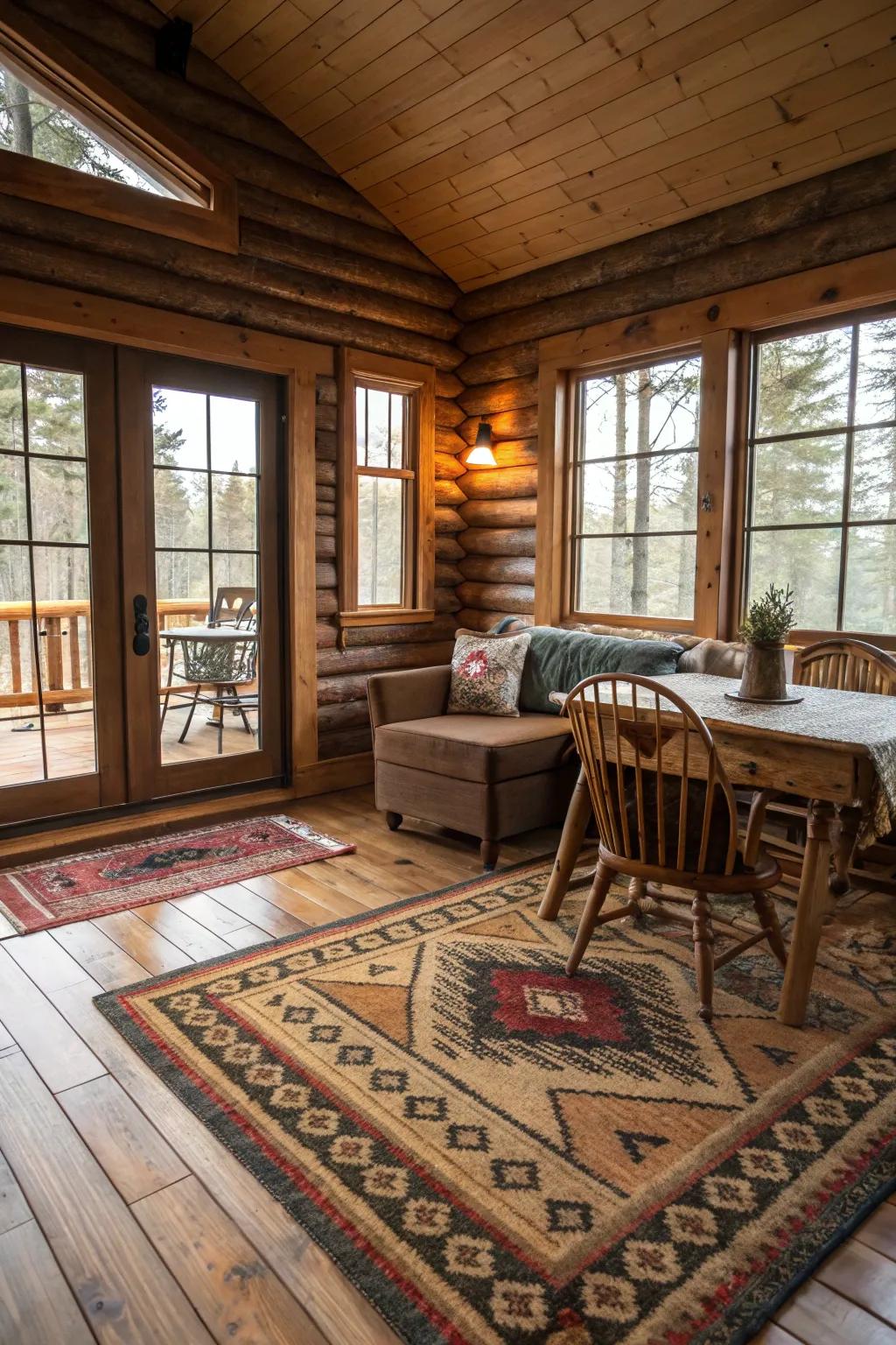Overlapping rugs that bring warmth and texture to the cabin floor.