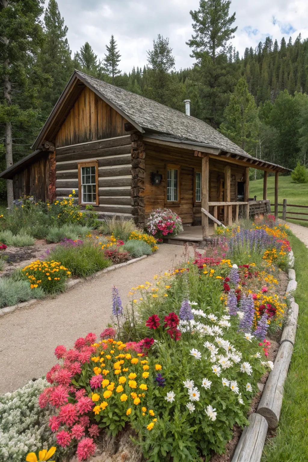 A colorful flower border frames your cabin beautifully.