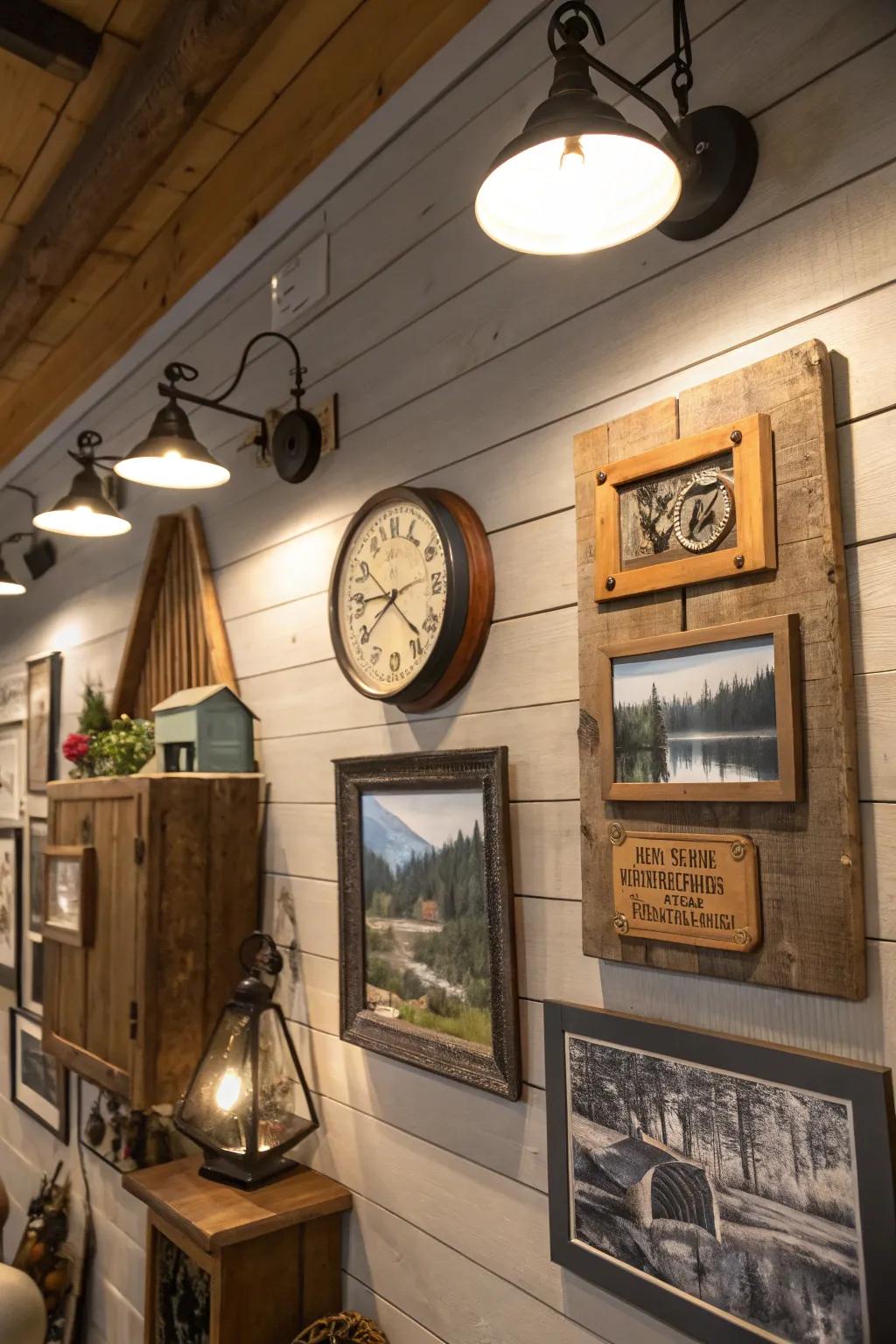 Spotlights highlighting art and design in a cabin.