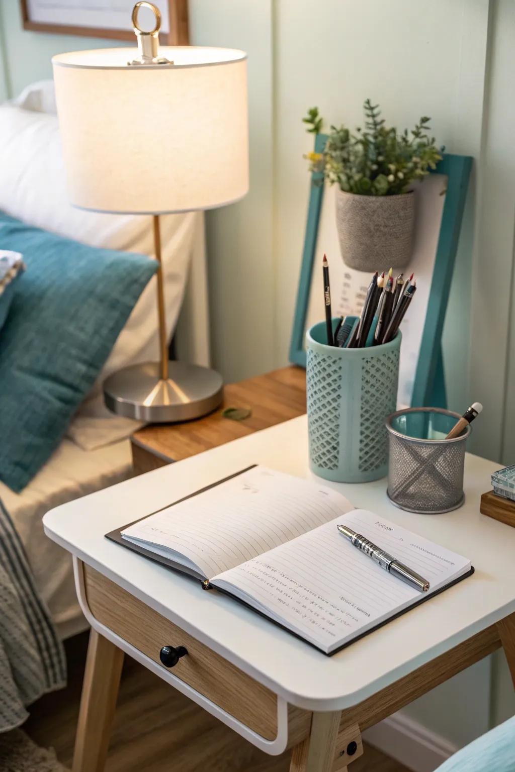 Reflect and unwind with a journal station in your calming corner.