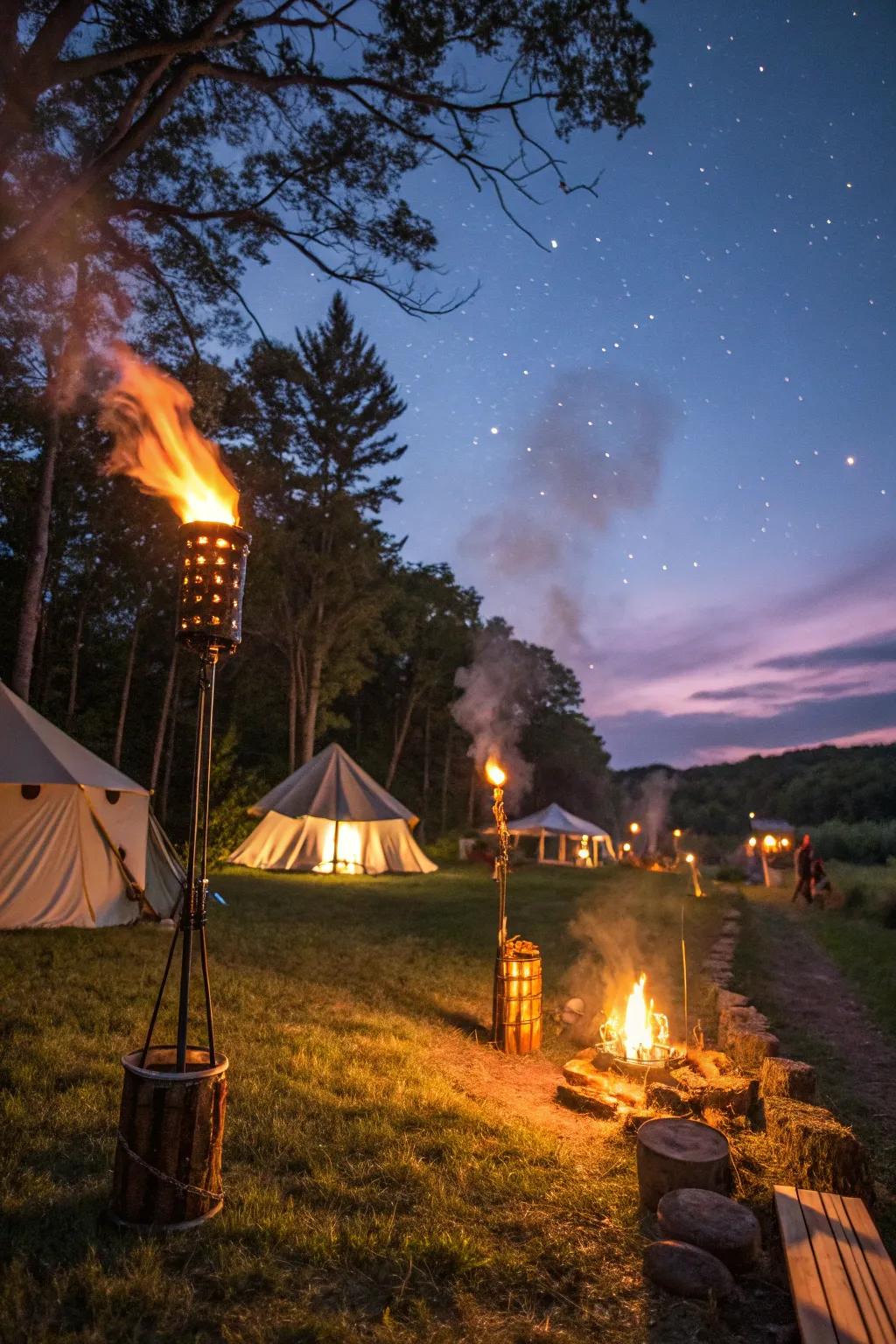 Create a celebratory atmosphere with burning sticks at your campsite.