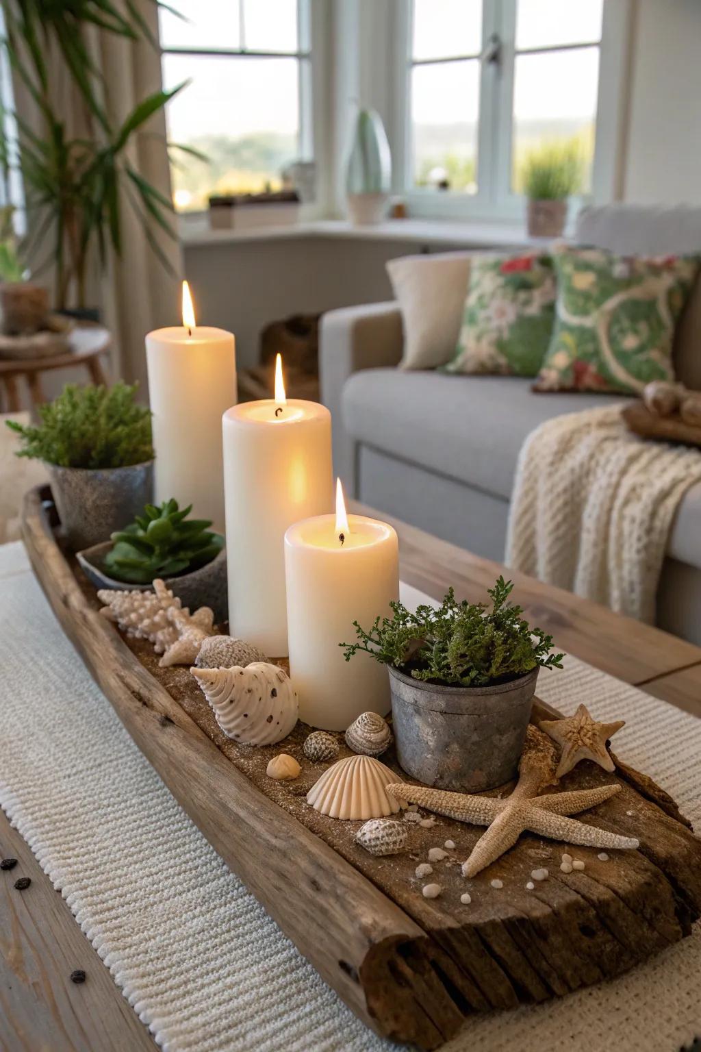 Lights and driftwood introduce a coastal sensation to your decor.