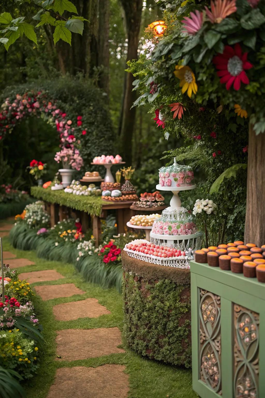 An enchanted garden sweets display that blooms with whimsy and wonder.